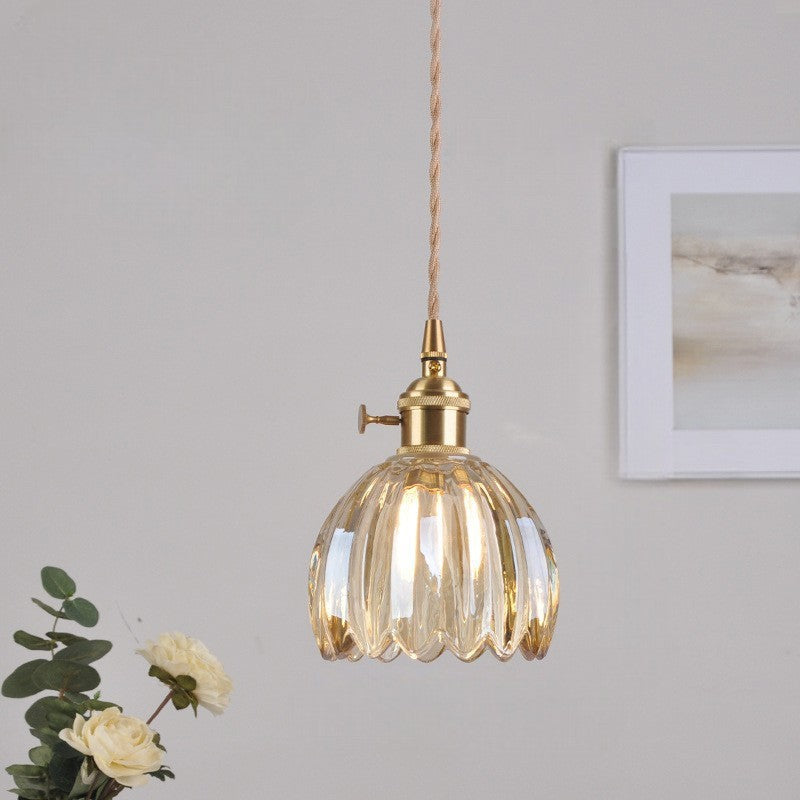 Fluted Glass Hanging Light Fixture 4.7 Inches Compact Globe Pendant Lamp E27 Socket for Kitchen Island Dining Table Bar Counter Ambient Illu