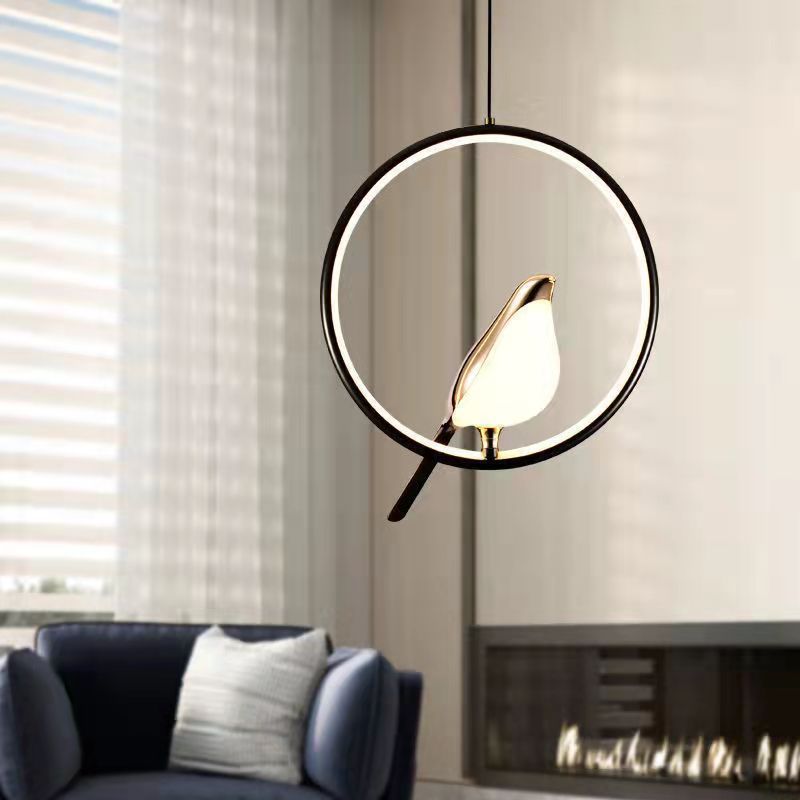 Metal Hanging Light Fixture with Bird Sculpture 11 in Diameter Adjustable Cord 3000K LED for Bedside Dining Nook Living Space Contemporary H