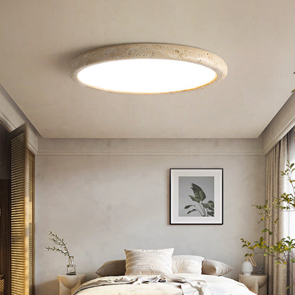 Round Stone Flush-Mount Light Fixture 15 in Diameter 3000K Warm LED for Bedrooms Dining Rooms Natural Beige Texture Hardwired Ceiling Lamp
