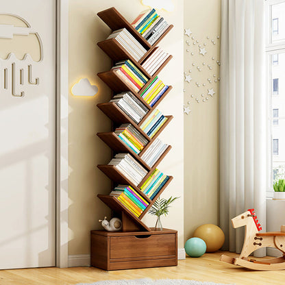 Modern Geometric Storage Tower Shelf Unit 6-12 Open Tiers Walnut Natural Wood for Living Room Study Den Small Spaces
