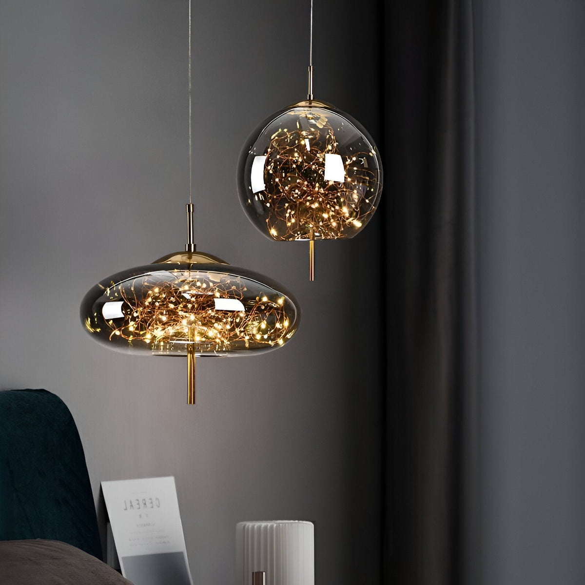 Glass Hanging Fixture with Adjustable Cord for Dining Table & Kitchen Island | Modern Suspended Light in Amber or Gray | Oval Sphere Capsule
