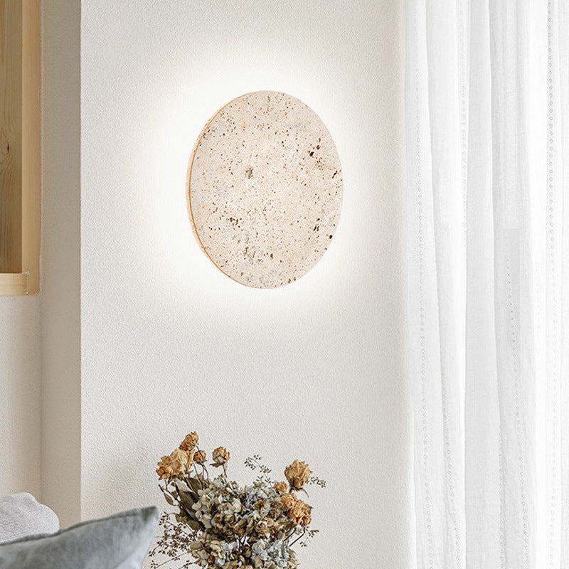 Round Stone Wall Sconce with Integrated Warm LED Light for Bedroom Hallway Living Room Modern Minimalist Travertine Fixture Indoor Ambient L