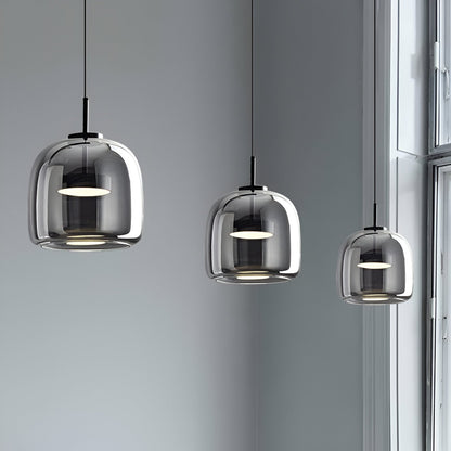 Triple Glass Dome Ceiling Light 15 in Adjustable Height for Kitchen Island Dining Room Modern Hanging Fixture Gray Smoked Finish