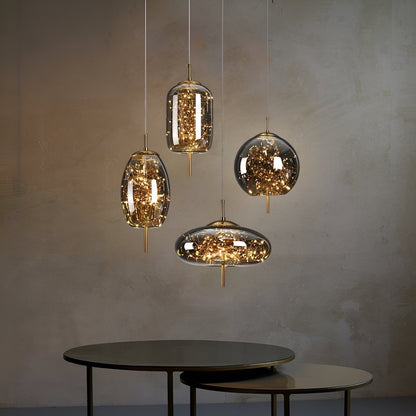 Glass Hanging Fixture with Adjustable Cord for Dining Table & Kitchen Island | Modern Suspended Light in Amber or Gray | Oval Sphere Capsule