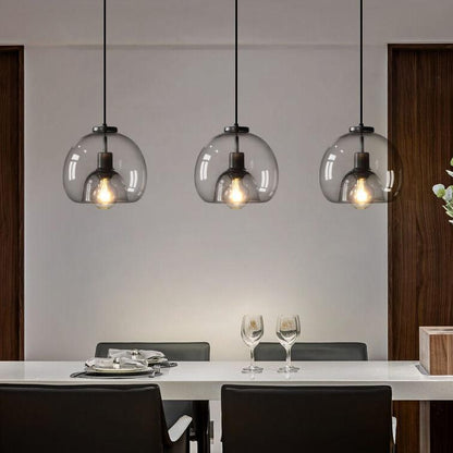 Gray Tinted Glass Drop Light with Adjustable 59-Inch Cord for Kitchen Island, Dining Area & Bedroom – E27 Socket Ceiling Fixture