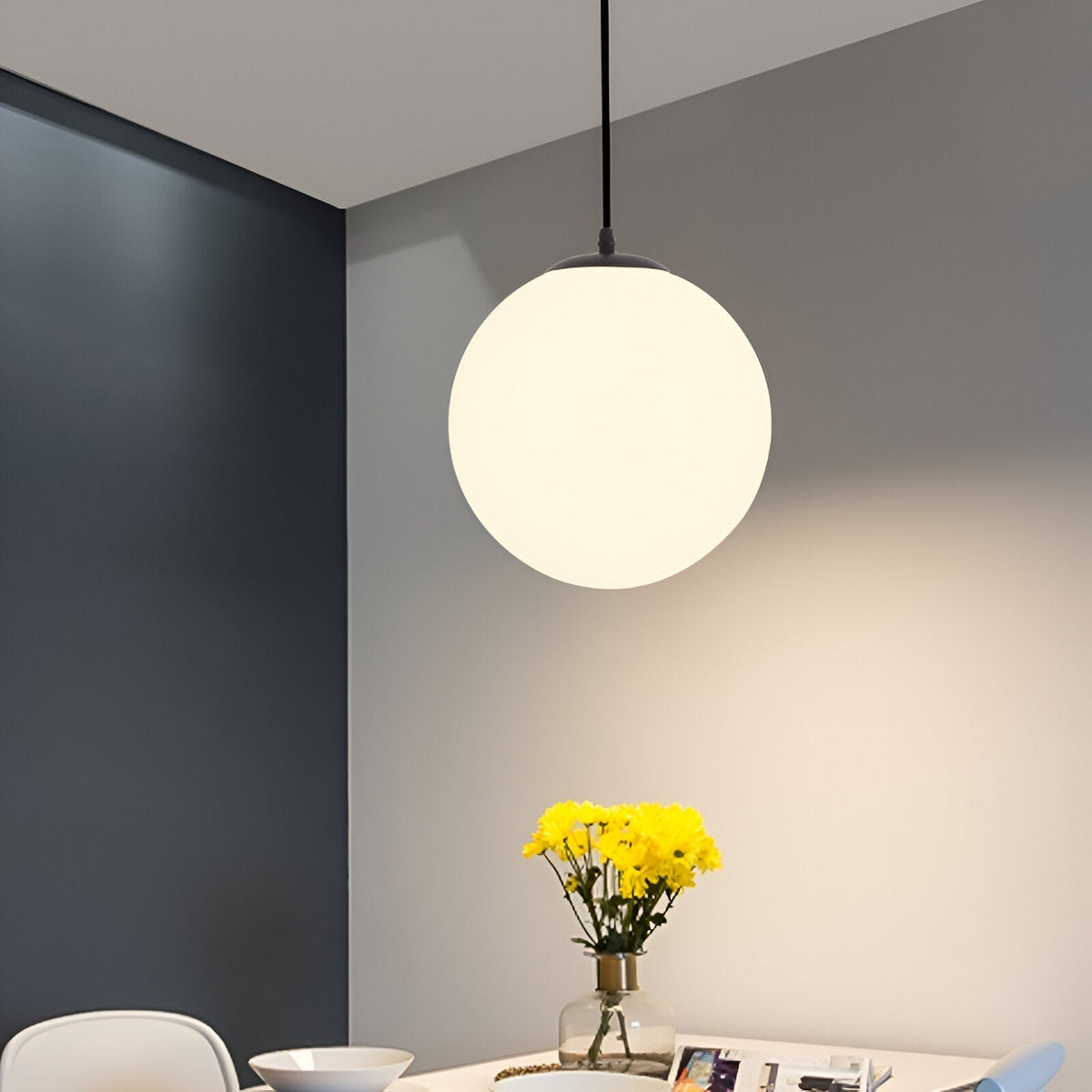 Frosted Glass Globe Hanging Light White Sphere Ceiling Fixture for Kitchen Island Dining Room Bedroom Adjustable Cord Modern Minimalist Desi