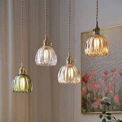 Fluted Glass Hanging Light Fixture 4.7 Inches Compact Globe Pendant Lamp E27 Socket for Kitchen Island Dining Table Bar Counter Ambient Illu