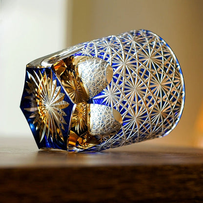 Hand-Cut Crystal Tumbler for Bourbon & Spirits, Blue-Amber Glass with Authentic Japanese Patterns, Gift-Ready Keepsake Box for Collectors