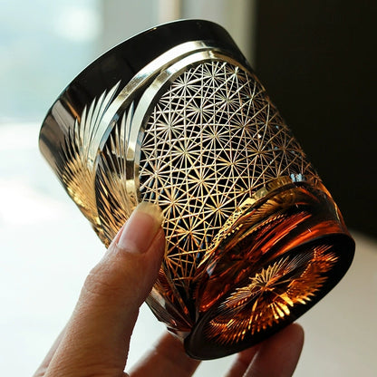 Hand-Cut Crystal Lowball Glass with Etched Crane Motif in Warm Amber Finish for Bourbon Scotch Cocktails Spirits Tasting Home Bar Display El