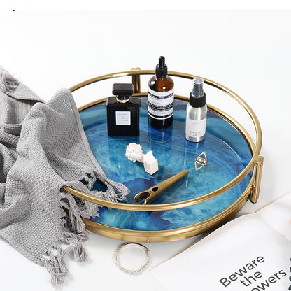 Glass Decorative Tray with Agate Design – 16-Inch Round & Rectangular Platter for Dining Room, Coffee Table, Vanity Display