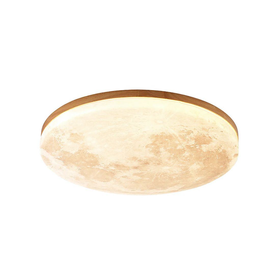 Round Flush Mount LED Fixture Moon Surface Wood & Acrylic 19 in Diameter Low Profile for Bedroom Living Room Hallway Ambient Lighting Japand