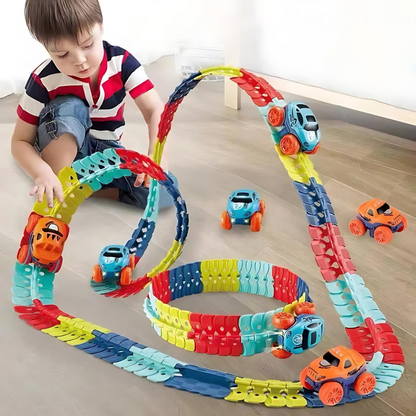 Bendable Snap-Together Car Track Set with Magnetic Vehicles for Kids Indoor Building and Racing Fun