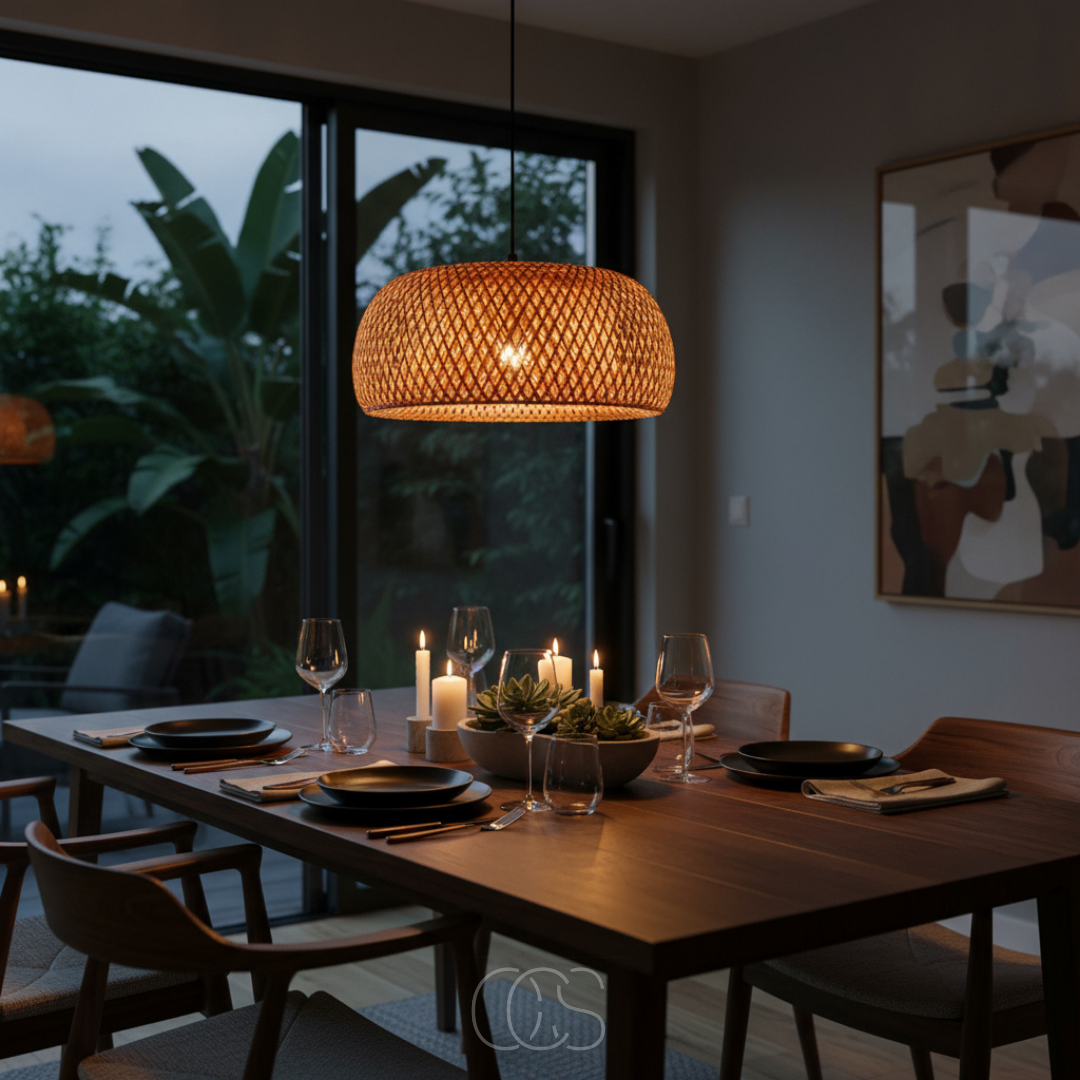 Woven Bamboo Pendant Light with Open Weave Shade – Adjustable Hanging Fixture for Dining Room, Kitchen Island & Entryway