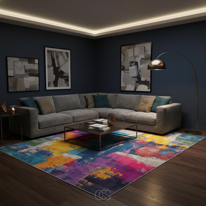 Multicolor Abstract Area Rug 6.6x7.5 ft Low-Pile Polyester Marble Wave Living Room Dining Room Bedroom Rug Soft Chenille Woven Modern