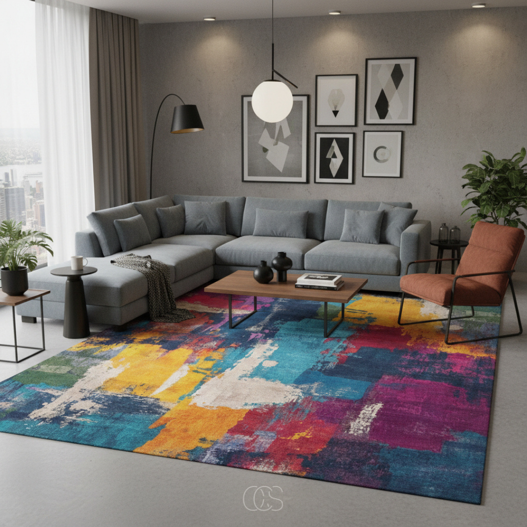 Multicolor Abstract Area Rug 6.6x7.5 ft Low-Pile Polyester Marble Wave Living Room Dining Room Bedroom Rug Soft Chenille Woven Modern