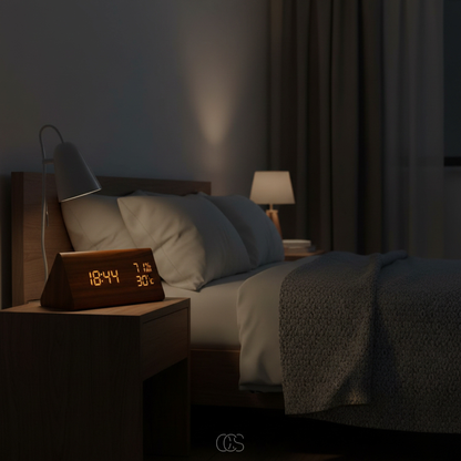 Digital Wooden Alarm Clock with Temperature & Humidity Display — 7-Level Dimming LED, Sound-Activated Screen, USB Charging Ports — Bedroom