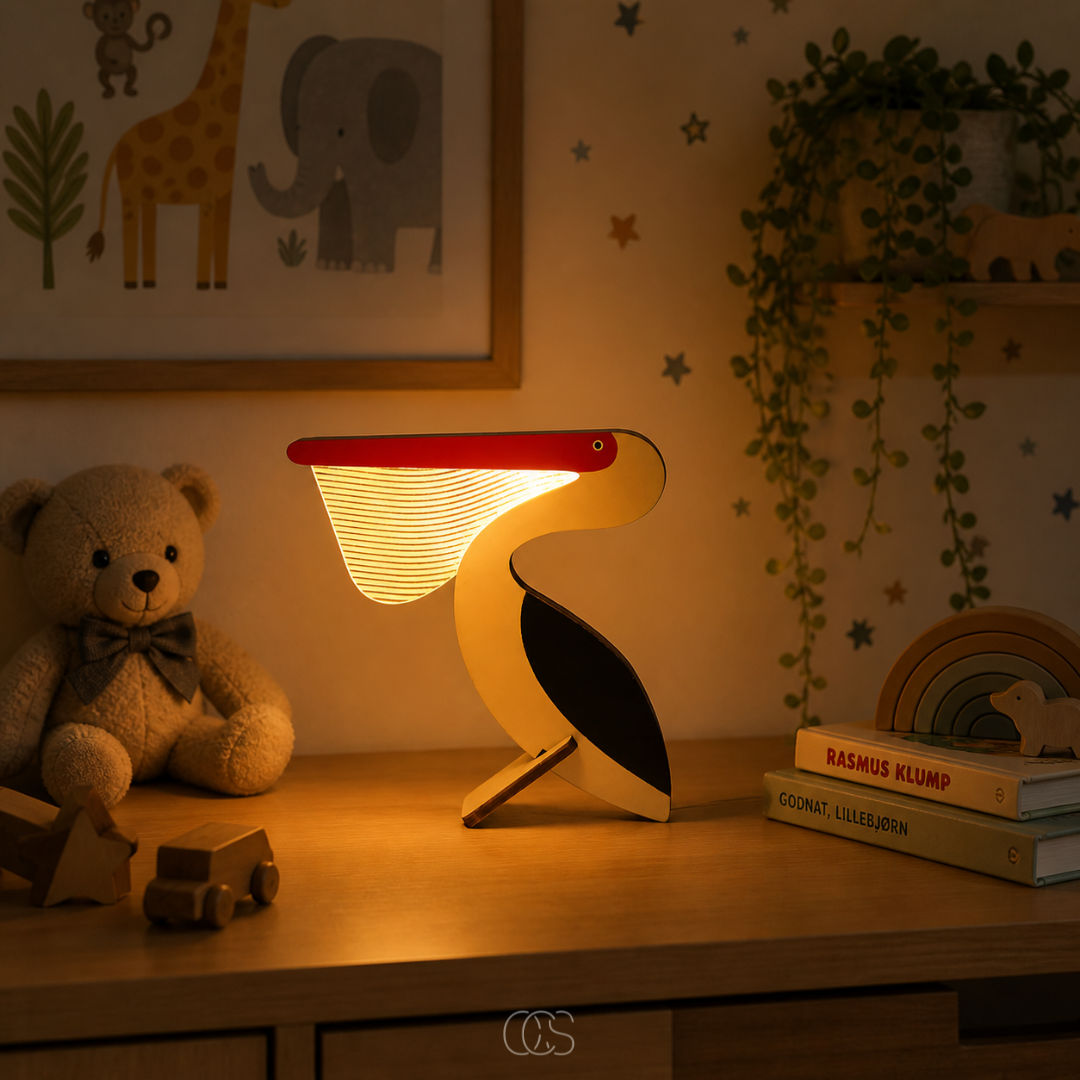 Wooden LED Animal Table Lamp for Kids' Room & Nursery Nightstand Lighting with Whale Toucan Pelican Designs
