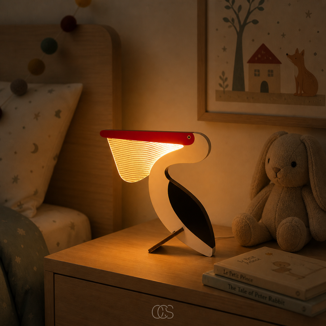 Wooden LED Animal Table Lamp for Kids' Room & Nursery Nightstand Lighting with Whale Toucan Pelican Designs