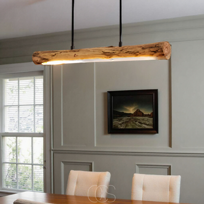 Dimmable Wood Pendant Light 31.5" Long Linear Ceiling Fixture Natural Grain Black Metal 1920 Lumen LED Warm White 3000K Adjustable Height
