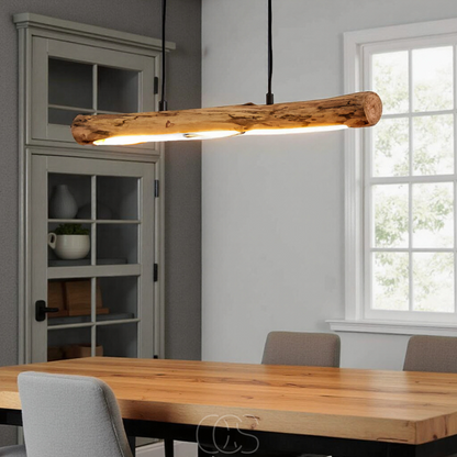Dimmable Wood Pendant Light 31.5" Long Linear Ceiling Fixture Natural Grain Black Metal 1920 Lumen LED Warm White 3000K Adjustable Height