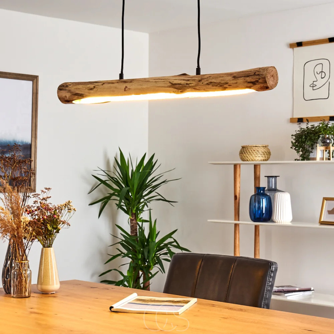 Linear Wood Beam Suspended Light Fixture 31 Inch Natural Finish Dimmable LED Bar Over Island Dining Room Kitchen Adjustable Drop Height Rust