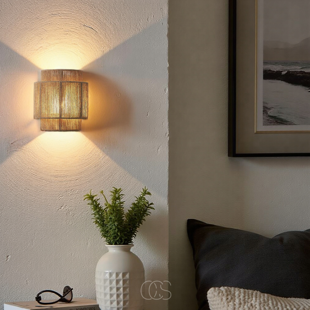 Handwoven Rattan Wall Sconce Light with Natural Fiber Shade for Bedroom Living Room Hallway Boho Farmhouse Scandinavian Japandi Decor Warm