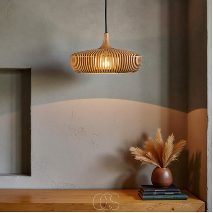 Wooden Pendant Light Fixture for Dining Room with Warm Glow – Scandinavian Minimalist Hanging Ceiling Lamp