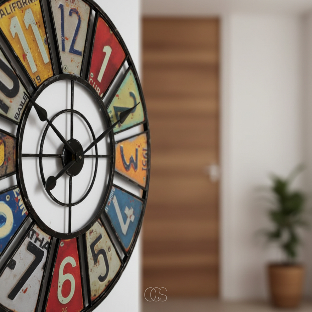 Vintage Industrial Wall Clock with Colorful Number Plates – 24 Inch Retro Metal Clock for Indoor & Outdoor – Silent Quartz Movement