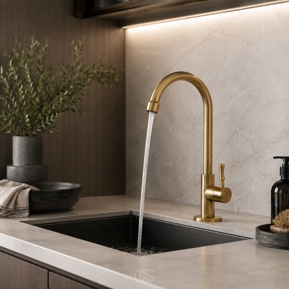 Antique Brass Kitchen Faucet with High Swivel Spout – Single Handle Vintage Sink Mixer Tap for Farmhouse & Classic Kitchens