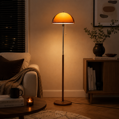 Mushroom Floor Lamp with Pull Chain – Retro Dome Shape with Wood Base & Chrome Stem for Living Room & Bedroom