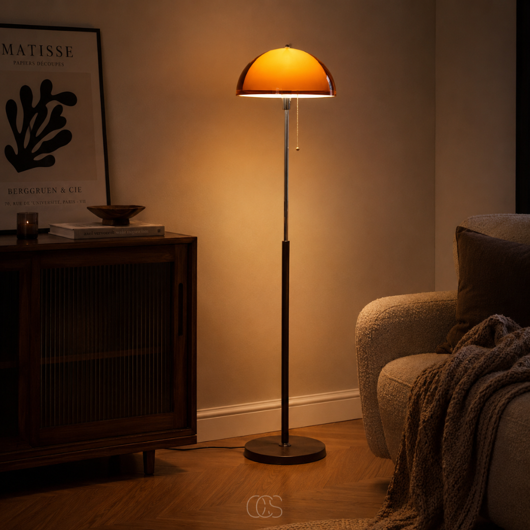 Mushroom Floor Lamp with Pull Chain – Retro Dome Shape with Wood Base & Chrome Stem for Living Room & Bedroom