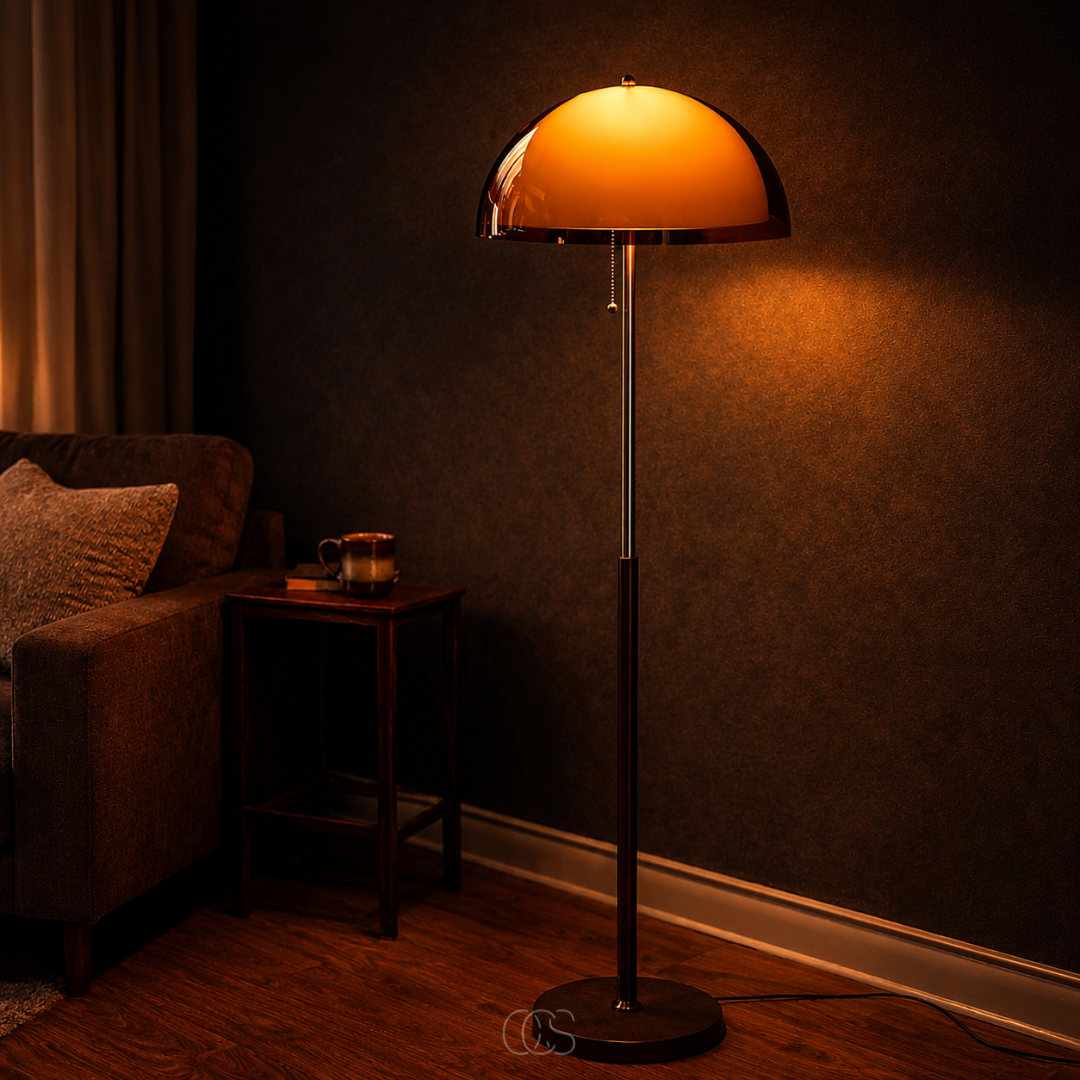 Mushroom Floor Lamp with Pull Chain – Retro Dome Shape with Wood Base & Chrome Stem for Living Room & Bedroom