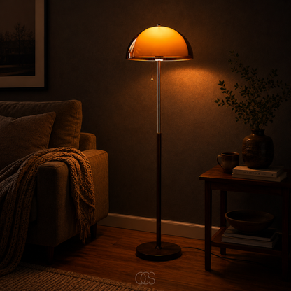 Mushroom Floor Lamp with Pull Chain – Retro Dome Shape with Wood Base & Chrome Stem for Living Room & Bedroom