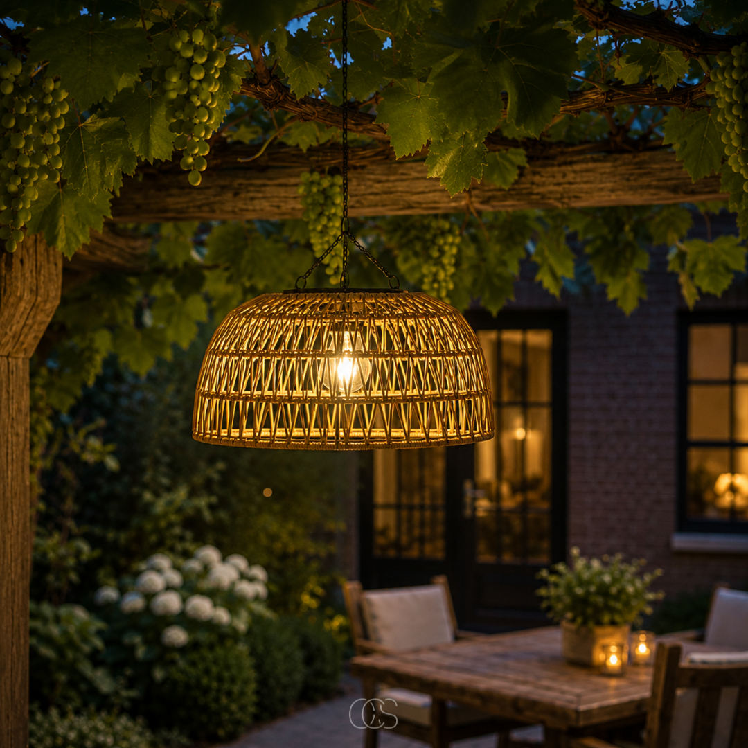 Woven Rattan Solar Pendant Light for Outdoor Patio & Garden – Wireless LED Hanging Lamp with Dusk Sensor