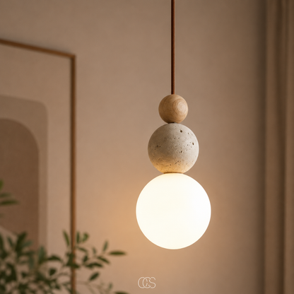 Glass Globe Pendant Light with Travertine & Wood Accents | Modern Wabi-Sabi Hanging Fixture for Dining Room, Bedroom & Kitchen | Warm