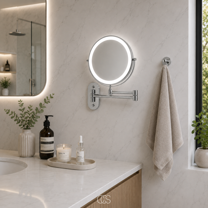 Rechargeable LED Lighted Vanity Mirror Wall Mount with Magnification & 360° Swivel Arm for Makeup Application & Skincare Routines