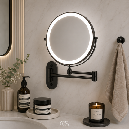 Rechargeable LED Lighted Vanity Mirror Wall Mount with Magnification & 360° Swivel Arm for Makeup Application & Skincare Routines
