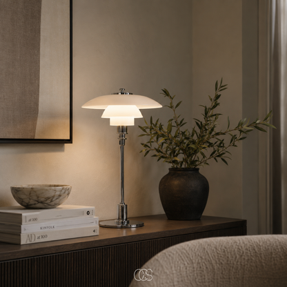Layered Glass Table Lamp with Metal Base – Scandinavian Accent Light for Bedroom, Living Room & Office