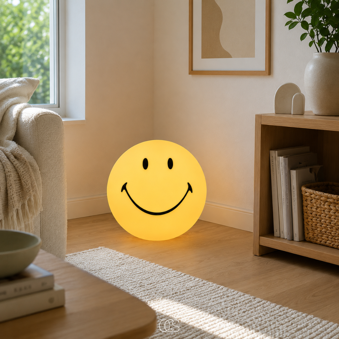 Smiley Face LED Mood Light for Kids Room, Bedroom & Living Room - Dimmable Yellow Night Light