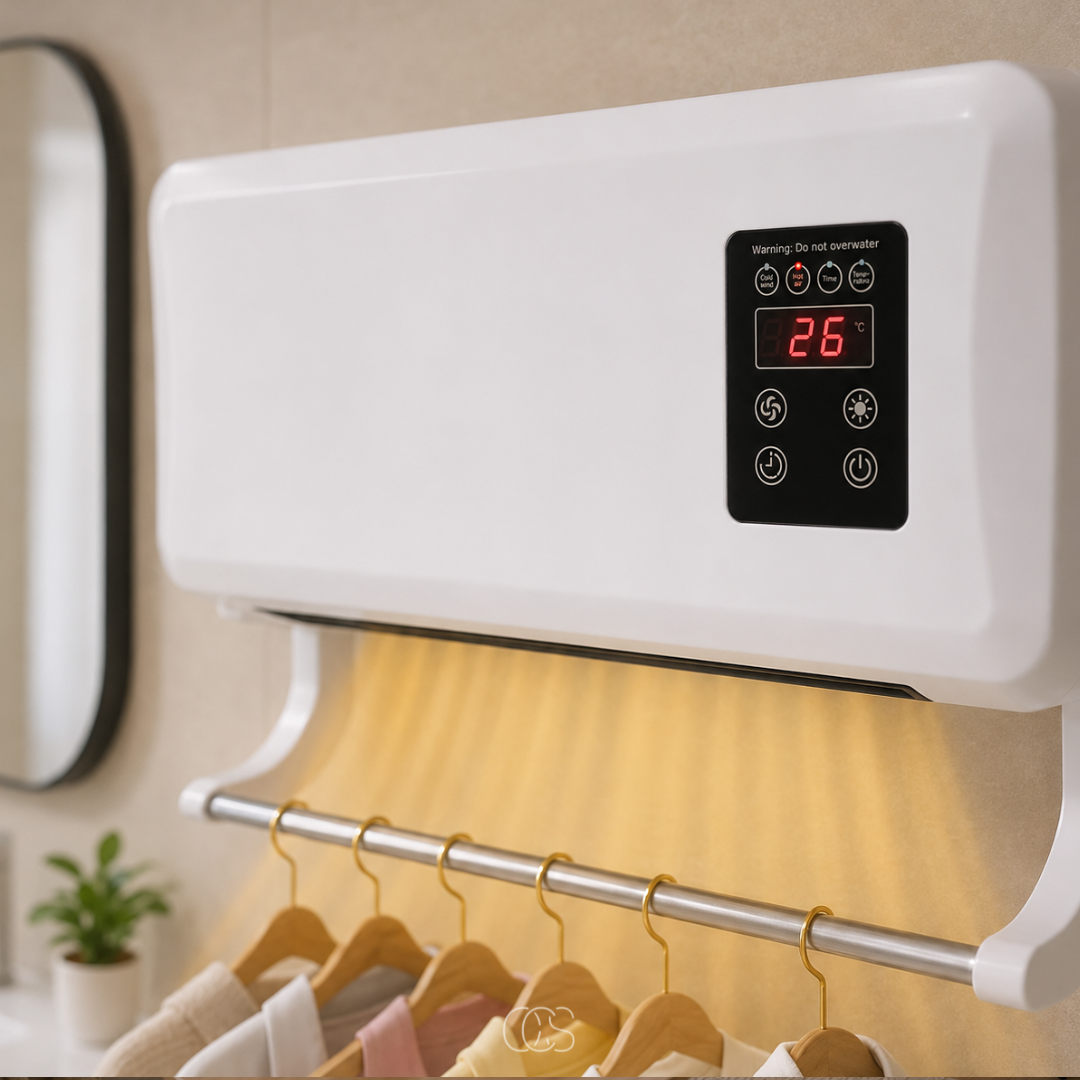 Wall-Mounted Heater Fan with Built-In Clothes Drying Rack & Remote Control for Bathroom Bedroom