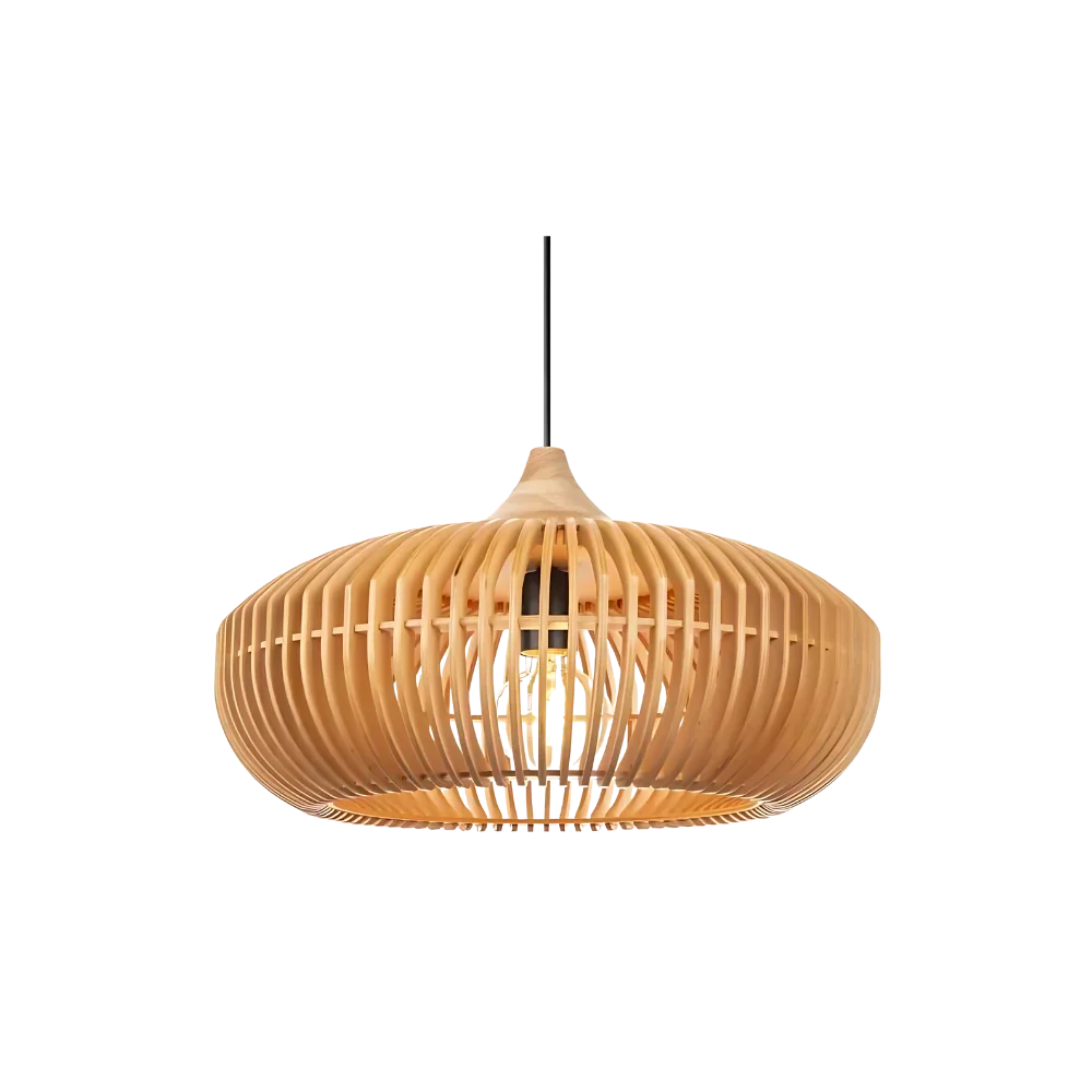 Wood Slat Ceiling Fixture Round Natural 17-Inch Japandi Style Above Table Island Ambient Hanging Light for Dining Kitchen Living Room
