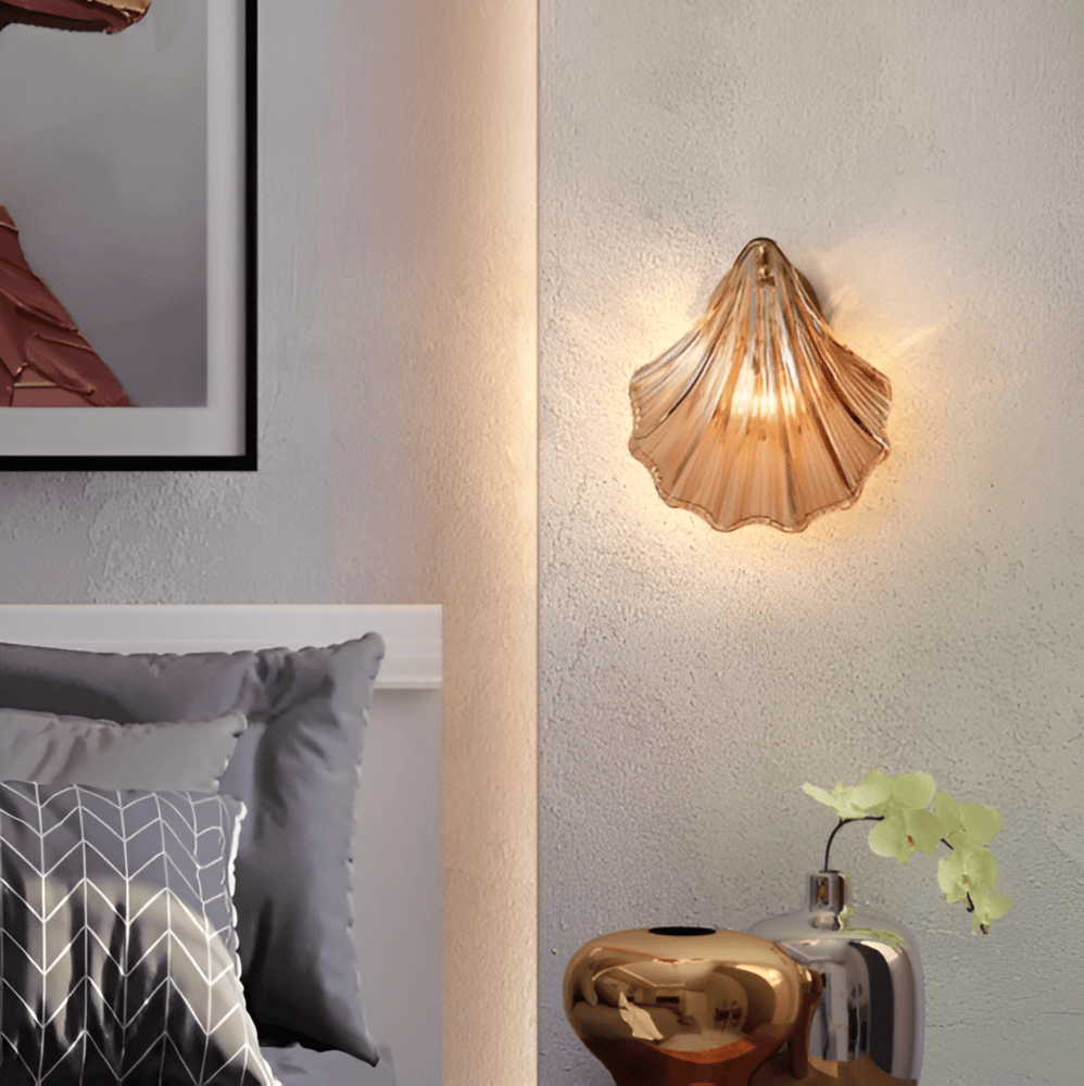 Fluted Glass Sconce with Brass Hardware 8 in Diameter Shell-Shaped Fixture E27 Socket for Bedrooms Hallways Living Rooms Push-Button Control