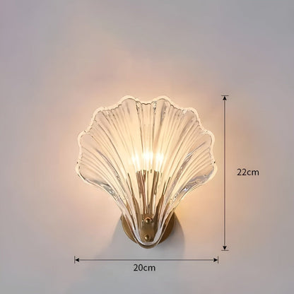 Fluted Glass Sconce with Brass Hardware 8 in Diameter Shell-Shaped Fixture E27 Socket for Bedrooms Hallways Living Rooms Push-Button Control