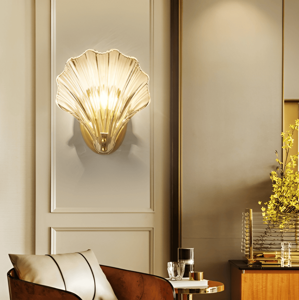 Fluted Glass Sconce with Brass Hardware 8 in Diameter Shell-Shaped Fixture E27 Socket for Bedrooms Hallways Living Rooms Push-Button Control