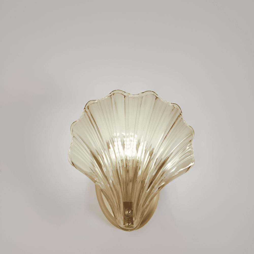 Fluted Glass Sconce with Brass Hardware 8 in Diameter Shell-Shaped Fixture E27 Socket for Bedrooms Hallways Living Rooms Push-Button Control