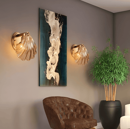 Fluted Glass Sconce with Brass Hardware 8 in Diameter Shell-Shaped Fixture E27 Socket for Bedrooms Hallways Living Rooms Push-Button Control