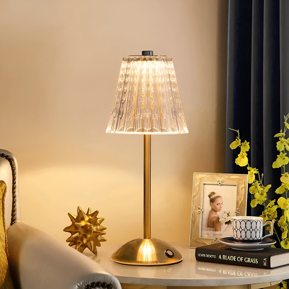 Rechargeable LED Accent Lamp with Touch Dimming & Three Color Modes for Nightstand, Desk, Dining Room – Crystal Shade, Gold Base, 12 in Tall