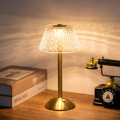 Rechargeable LED Accent Lamp with Touch Dimming & Three Color Modes for Nightstand, Desk, Dining Room – Crystal Shade, Gold Base, 12 in Tall