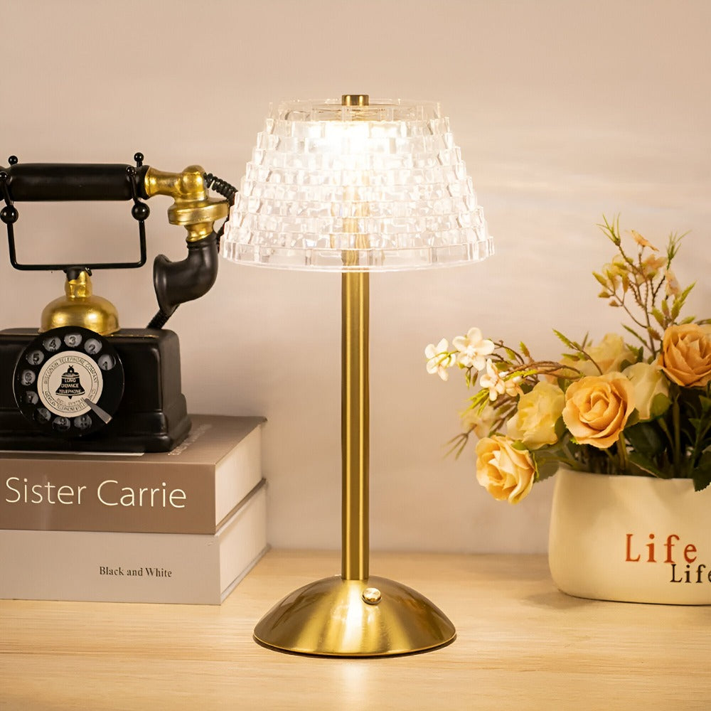 Rechargeable LED Accent Lamp with Touch Dimming & Three Color Modes for Nightstand, Desk, Dining Room – Crystal Shade, Gold Base, 12 in Tall