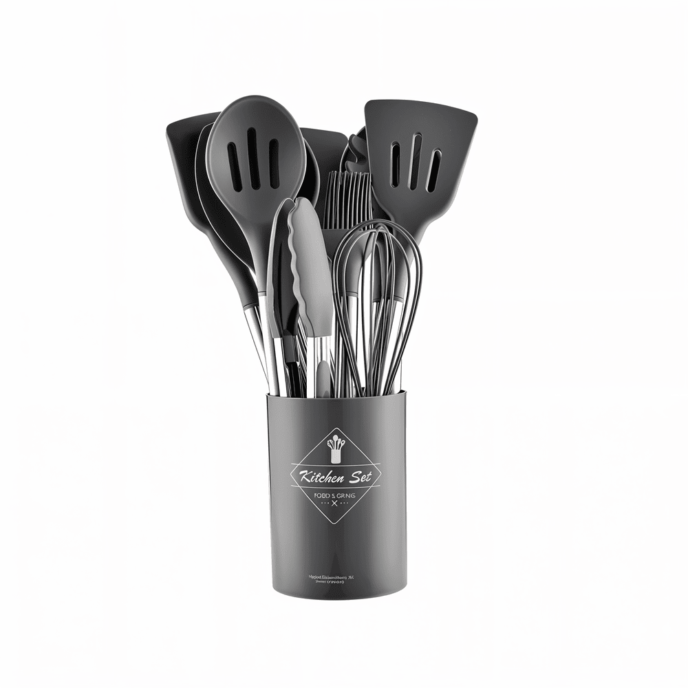12-Piece Silicone Kitchen Utensil Set with Stainless Steel Handles & Holder for Cooking, Baking & Serving